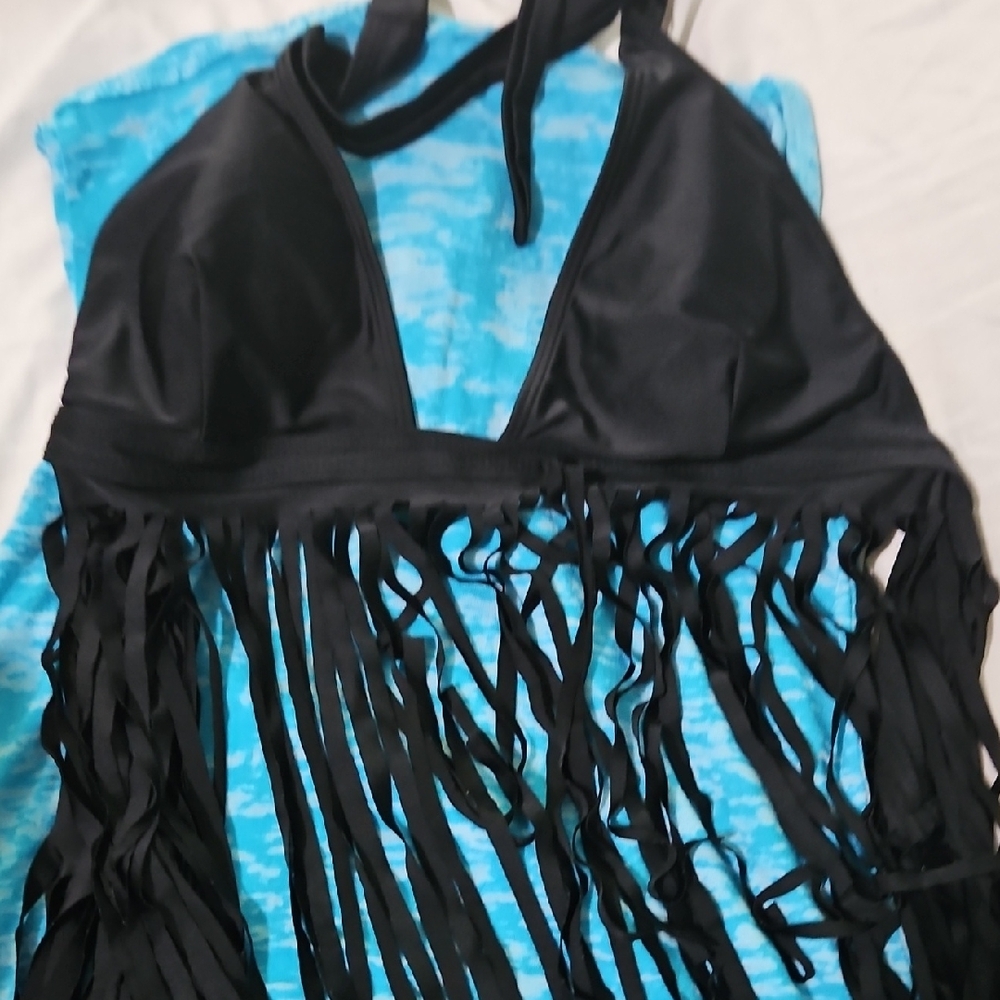 Black Fringe Halter Bikini Top